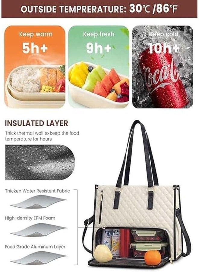 BEDSTEFAR Lunch Tote Bag for Women, 15.6 Inch Laptop Bag with Insulated Lunch Compartment, Quilted Large Capacity Computer Handbag with Purse for Business, Work, Nurse, Office, Collage, Casual, Black - Image 2
